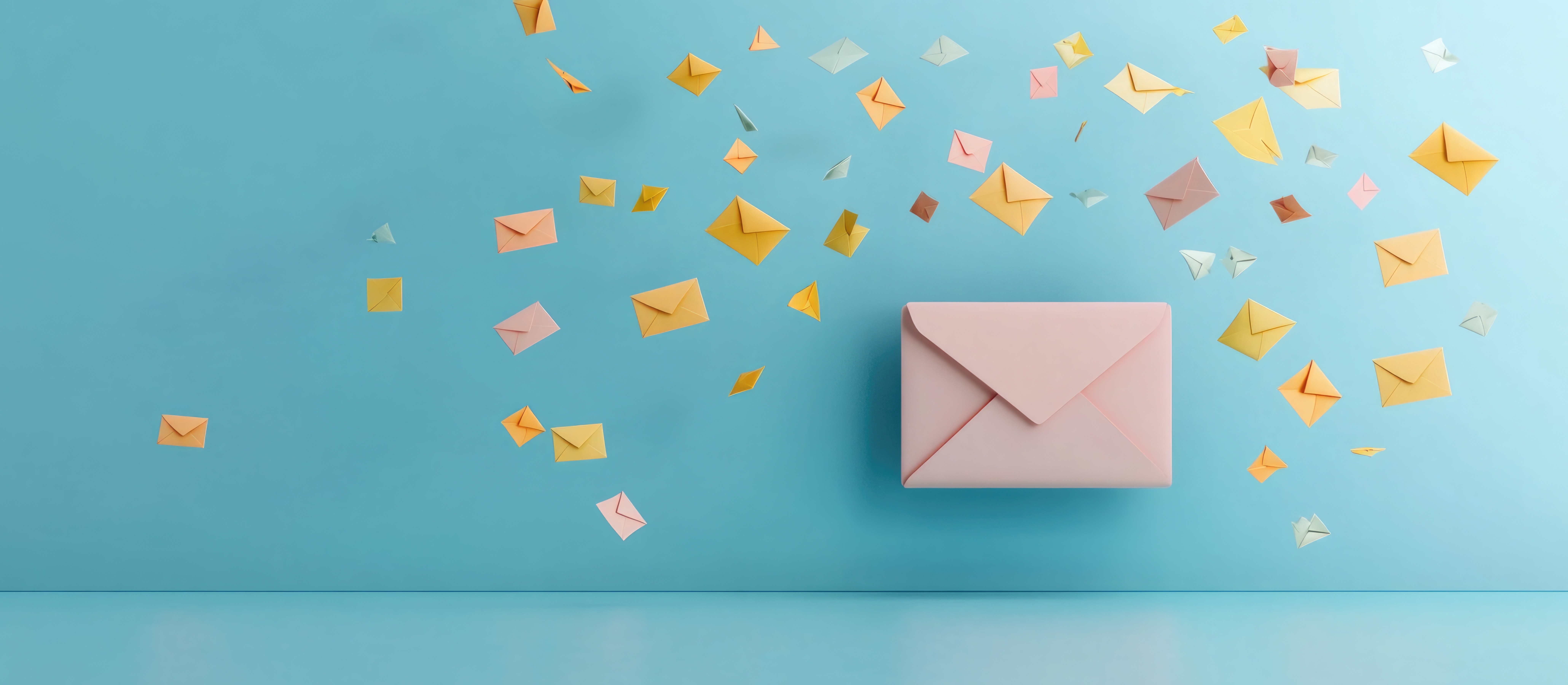 Floating yellow envelopes on a vibrant blue background symbolise modern email marketing and efficient communication in the digital age.