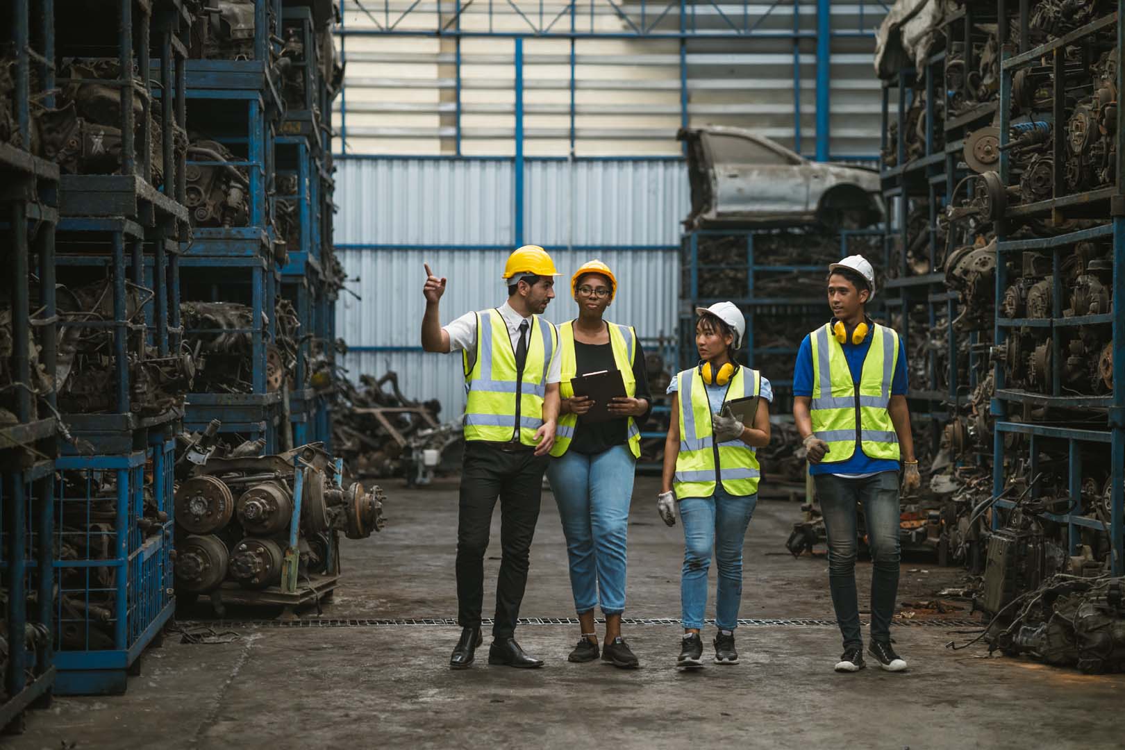 Engineering team together in old garage used auto part warehouse