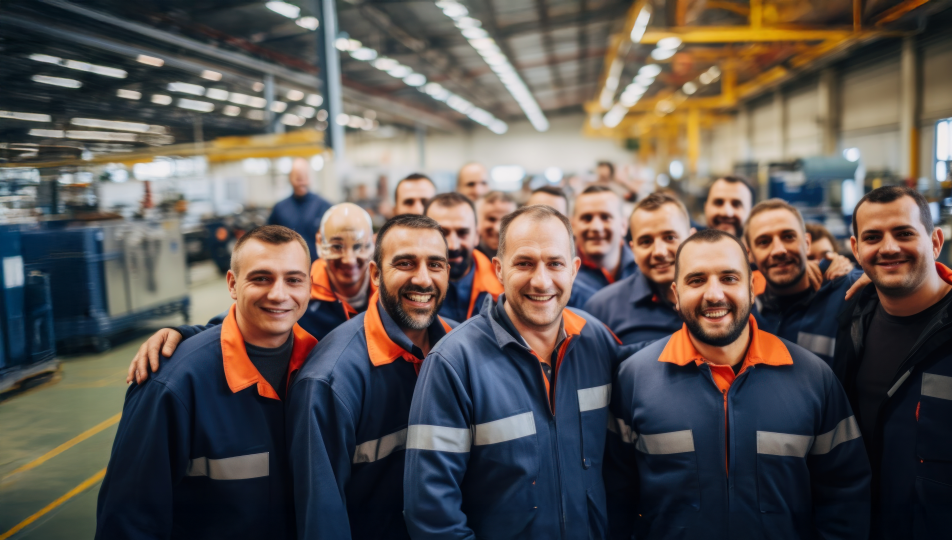 Group of automotive male employees, standing with a cheerful smile in the factory and wearing dark blue and orange overalls.
