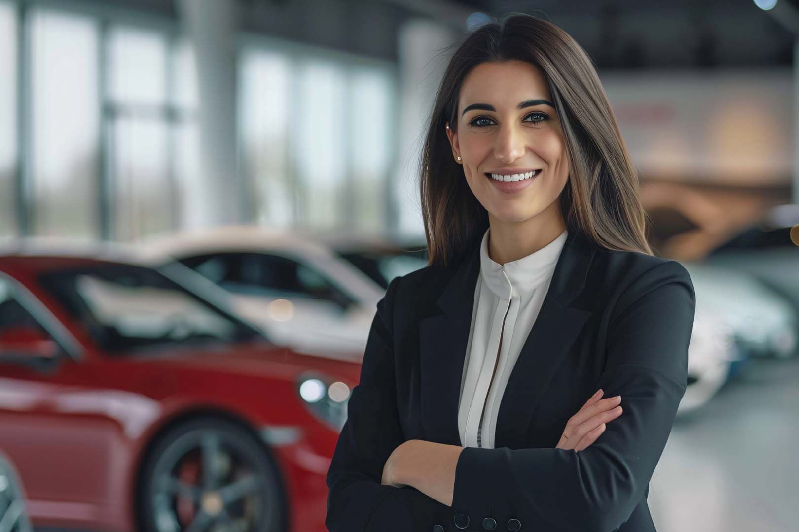 Professional businesswoman in a luxury high-end auto dealership, surrounded by expensive cars. 