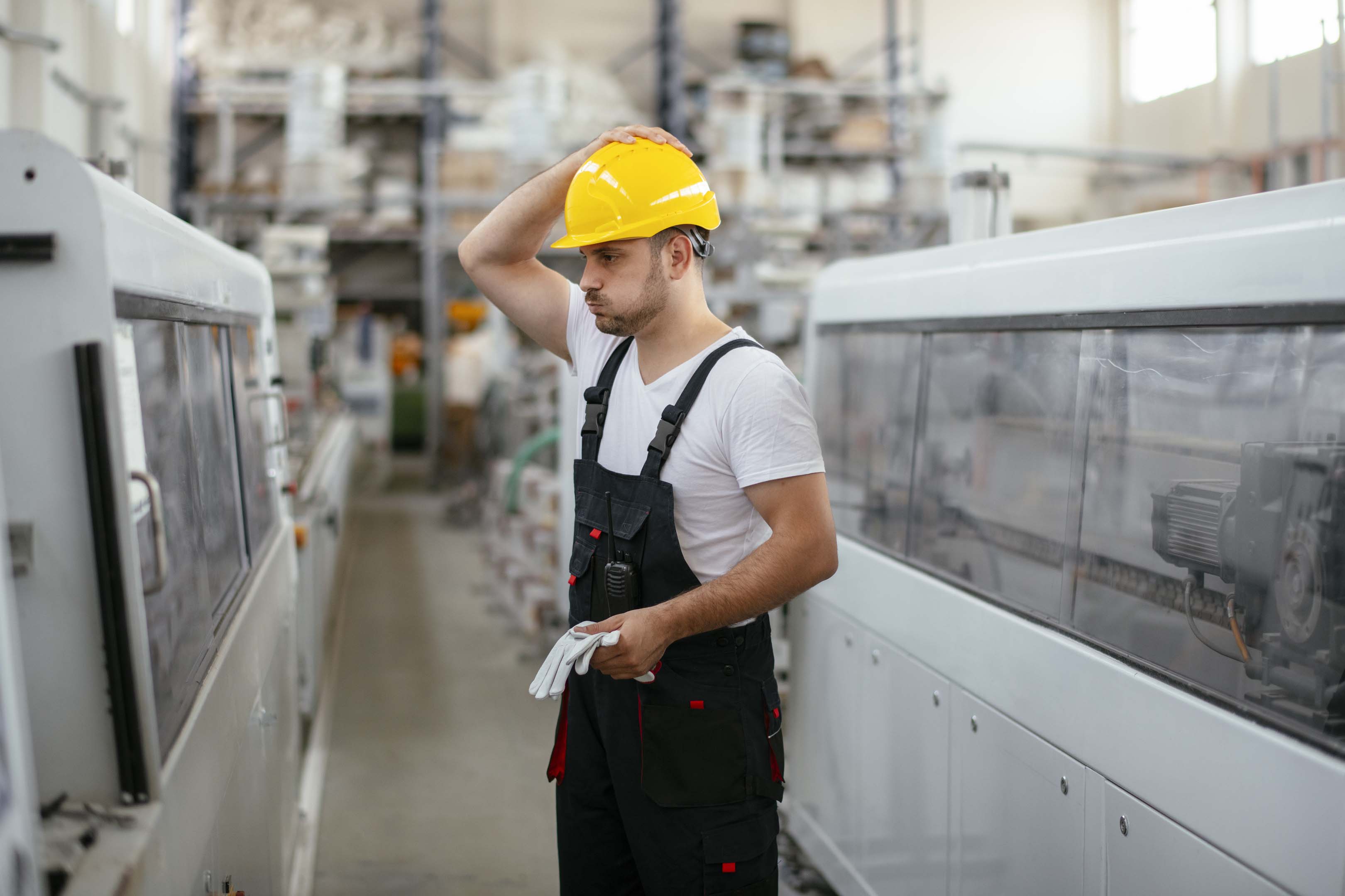 Worker standing in a factory wearing hardhat with one hand on their head while exhaling deeply