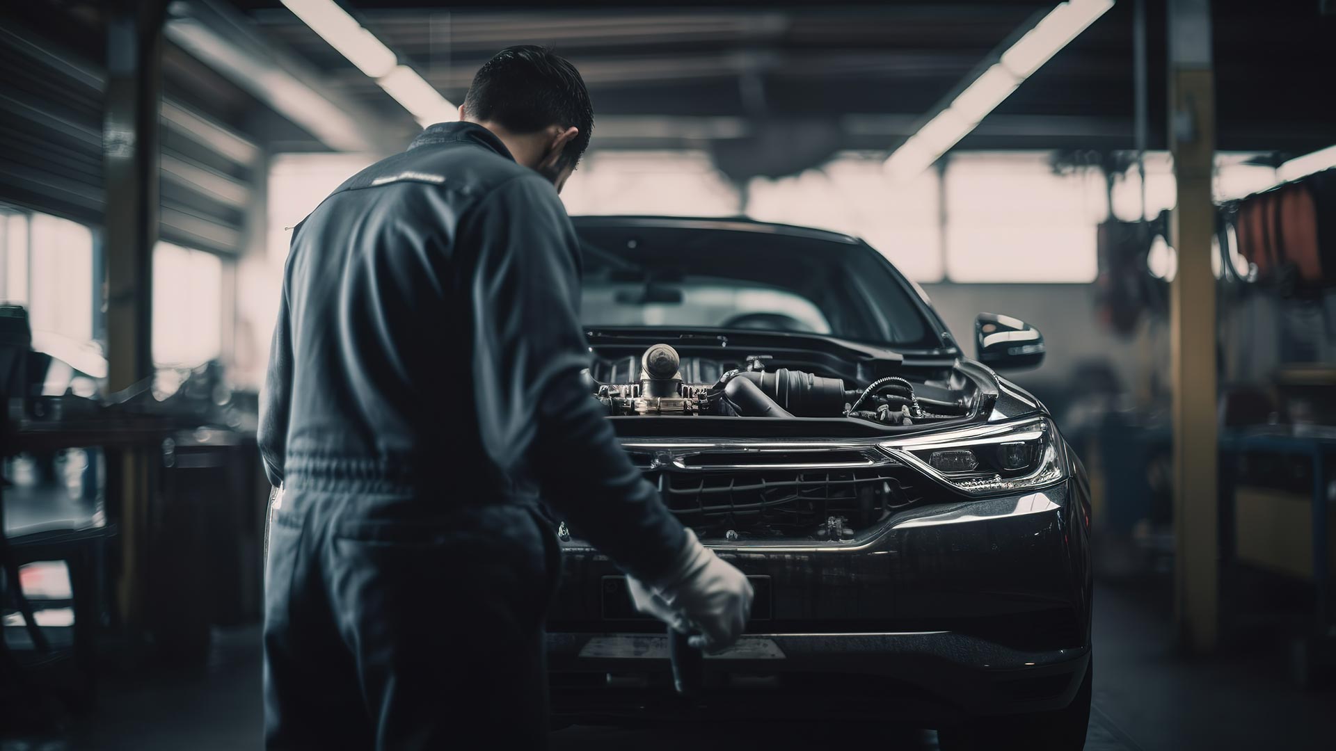 Outreach, mechanic standing in front of a car in a garage
 