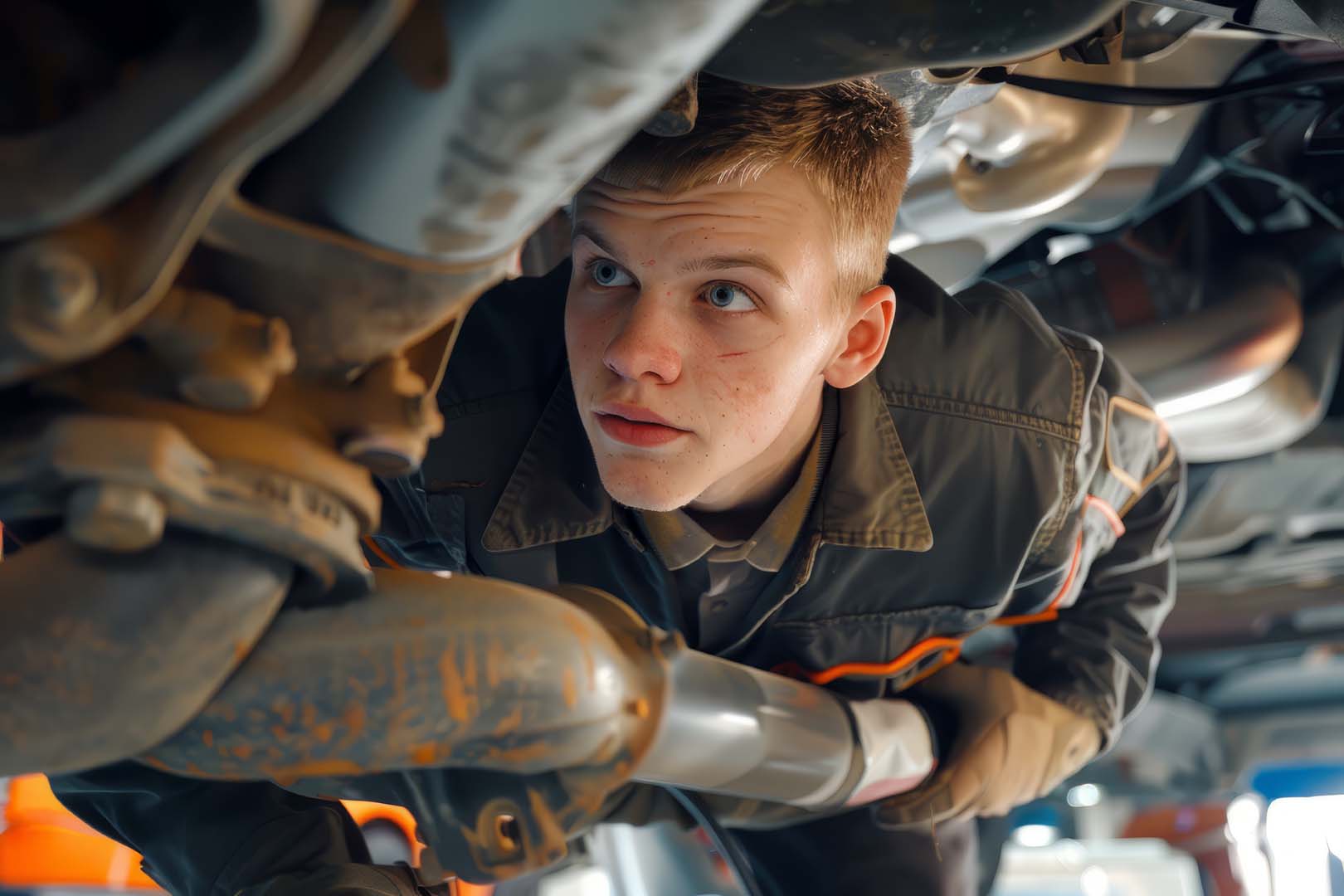 A young man is inspecting the exhaust system of a vehicle