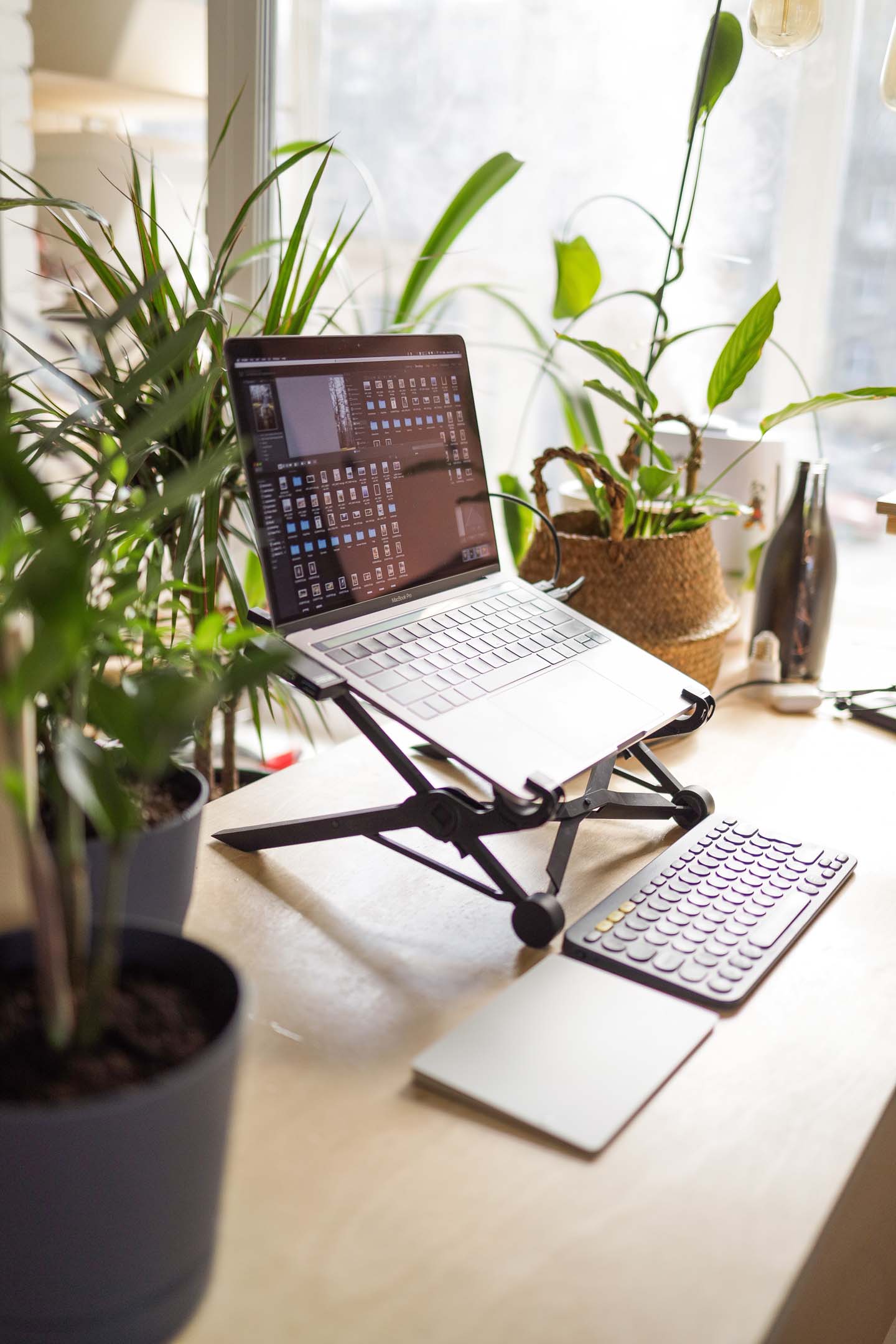 Laptop on an adjustable stand so it becomes eye level. A clean desk with additional keyboard and mouse. Several plants decorate the desk.